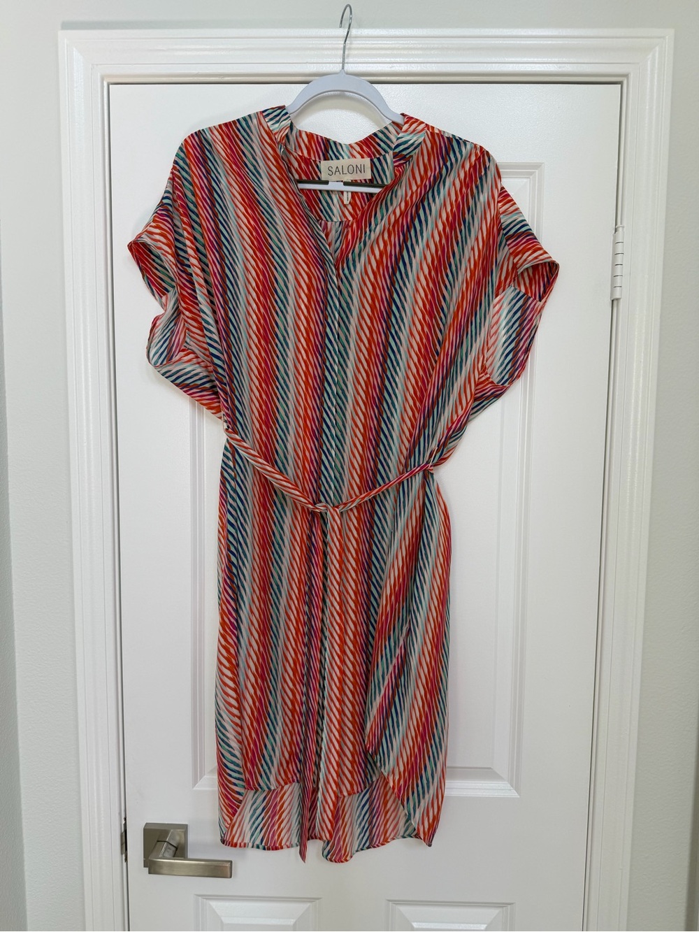 SALONI Red, Blue & Orange Striped Midi Dress with Self-Tie Waist